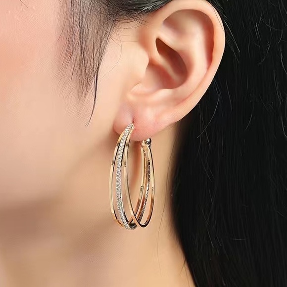 Diamond Gold Hoop Stud Earrings - Picture 2 of 2